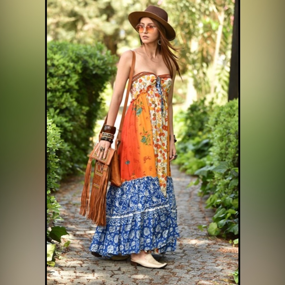Free People Orange and Blue Maxi Dress